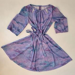 Vintage Pleated Dress‎ Disco or Workwear Purple w/ collar Cut outs and belt